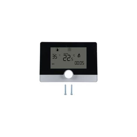Termostato programable para control de temperatura en sistema de calefacción con caldera mural, color blanco.