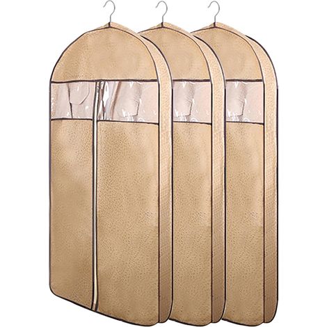 Lot de 3 Housses Respirantes pour Vêtements - Penderie & Voyage - Protections Anti-Poussière en Non-Tissé pour Manteaux/Robes/Fourrures (Système Suspension Intégré)(Size:88cm/34.6in,Color:beige) (1/5)