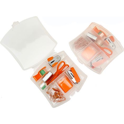 8-in-1-Schreibtischset: Locher, Hefter, Klebebandabroller, Schere u. v. m. ideal für Schüler und als Geschenk fürs Büro. Orangefarbenes Set. (1/5)