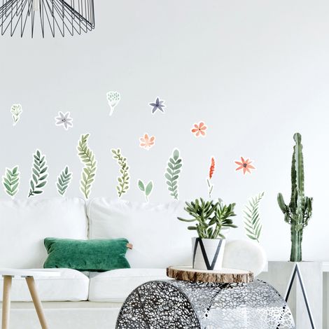 Sticker décoratif, illustration des fleurs naturelles façon herbier dessiné à la gouache, 68 cm X 24 cm (1/3)