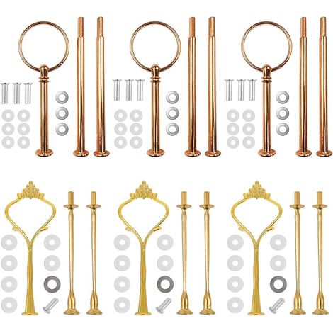 Lot de 6 barres à gâteaux dorées - 3 étages - Pour plateau à fruits, assiette à collation, gâteau de mariage (doré, 2 formes) (1/5)