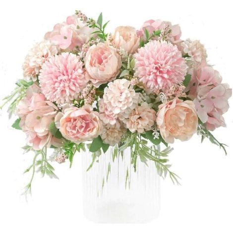 Fleurs artificielles, bouquet de pivoines en soie artificielle, décoration d'hortensia, œillet en plastique, art floral réaliste, lot de 2, rose clair (1/4)
