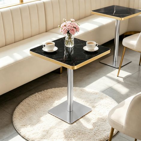 Tavolo da pranzo quadrato 60x60x74 cm, effetto marmo con bordo dorato, per 2 a 4 persone, MDF e metallo nero (1/5)