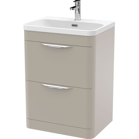 Aldershawe Contemporary Floor Standing 2 Drawer Vanity Basin Unit, Thin Edge Ceramic Basin, 600mm, Pebble Grey (1/4)