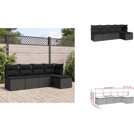 The Living Store Salon de jardin 5 pcs avec coussins noir résine tressée - Canapé d'angle (1/3)
