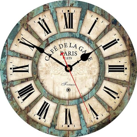 Horloge murale rustique silencieuse (sans tic-tac), chiffres romains, ronde, en bois, style rétro, 30 cm. (1/5)