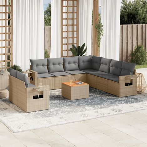 Salon de Jardin 10 Pièces en Résine Tressée et Bois d'Acacia avec Coussins Beige et Gris - PANGIVO (1/5)