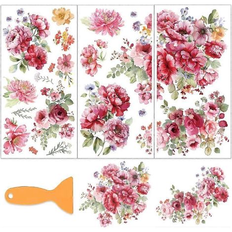 Lot de 3 transferts à l'aquarelle roses pour meubles et loisirs créatifs (15 x 30 cm), avec 1 raclette. (1/5)