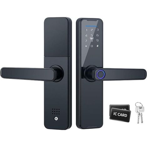 Serrure de porte intelligente à empreinte digitale avec poignée avec 2 clés mécaniques et 2 cartes IC pour hôtels, bureaux et maisons (1/4)