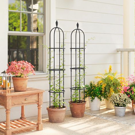 Set di 2 obelischi da giardino in acciaio da 1,74 m, tralicci per piante rampicanti, rosa, per esterni, patio, nero