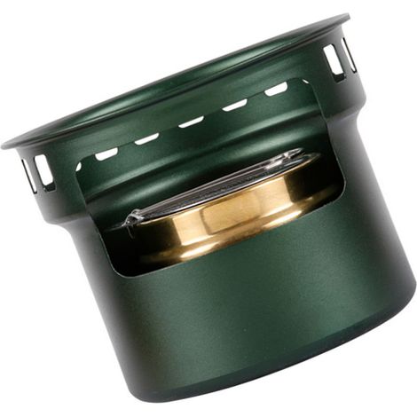 Réchaud à alcool portable, petit modèle en alliage d'aluminium et laiton, coupe-vent, pour camping et pique-nique, vert foncé. (1/2)