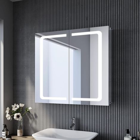 SONNI Edelstahl LED Spiegelschrank mit Beleuchtung 70x65cm,Kippschalter+Steckdose,Drahtloses Scharnier Design (1/5)