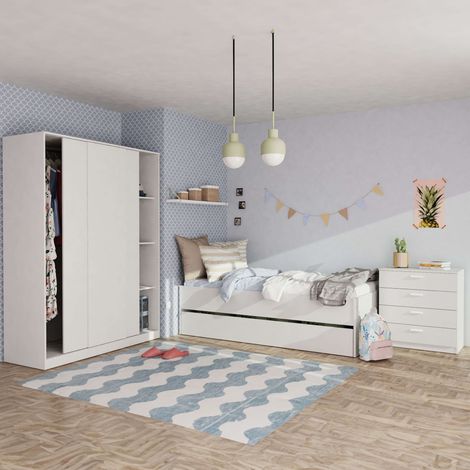 Pack Muebles Dormitorio Juvenil Tibet Estilo Contemporáneo en Color Blanco Mate (Cama 105x190 cm + Armario + Cómoda)