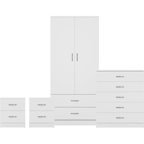 Riano 4 Piece Bedroom Set (2 Drw Bedside Chest, 5 Drw Chest, 2 Dr 2 Drw Wardrobe), White (1/3)