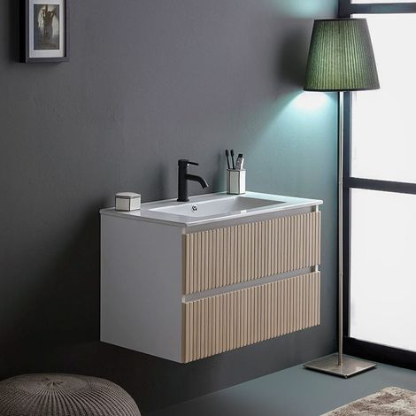 Mobile Bagno Sospeso 100Cm 2 Cassetti Bianco E Rovere Cannettato Bilbao