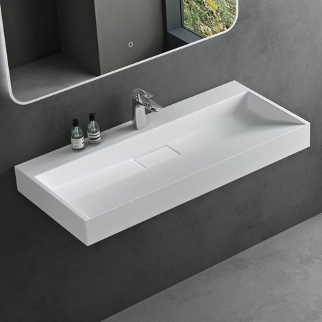 Mai & Mai Waschbecken Weiß Matt Aufsatzwaschbecken Hängewaschbecken Hängewaschtisch inkl. Ablaufgarnitur Mineralguss Rechteckig Waschplatz 1 Armaturenloch Breite: 90cm (1/5)