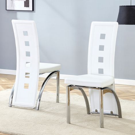 Juego de 2 sillas de comedor, 102,5 cm, respaldo calado, metal plateado y PU blanco (1/5)