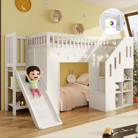 Lit mezzanine 90x200 avec toboggan marche-escalier de rangement barrière LED pin blanc(Sans matelas) (1/5)