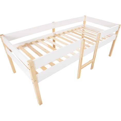 Cama cabaña infantil semi alta 90 x 190 cm con cajones y barrera de seguridad blanco y roble (1/5)