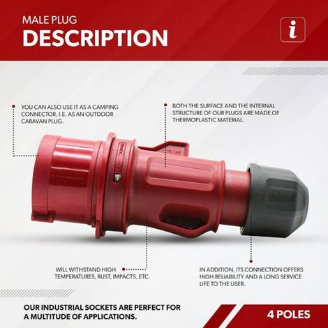 Fiche industrielle mâle 32 A - 3 pôles + terre - 380 V - IP44 étanche - couleur bleue, usage intérieur et extérieur (1/4)