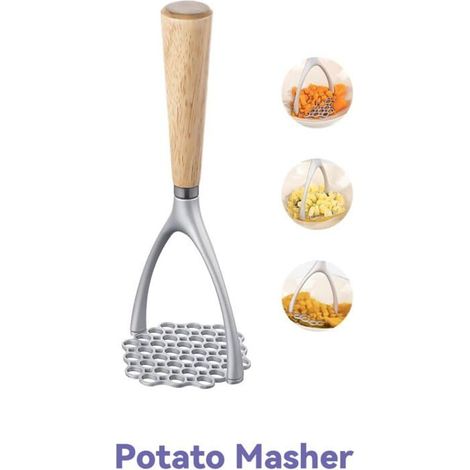 Presse-purée avec manche en bois, presse-pommes de terre manuel de cuisine, coupe-pommes de terre en aluminium pour purée de pommes (1/5)