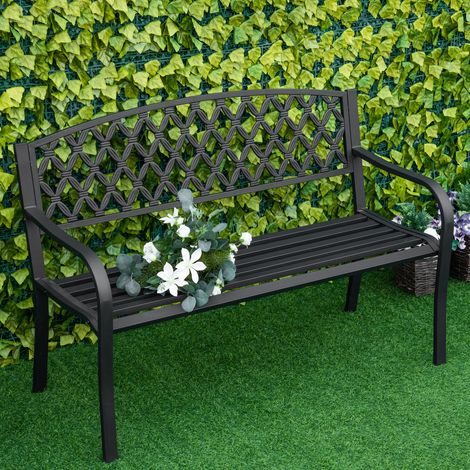 Banc de jardin 2 places avec dossier et accoudoirs décoratifs pour terrasse, balcon, patio, extérieur, capacité de charge 240 kg, fonte et acier, 128 x 58,5 x 89 cm, noir (1/5)