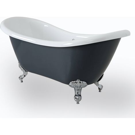 Milano Hest Stone Grey - 1750mm x 730mm Bathroom Double Ended Freestanding Slipper Bath with Feet - Chrome Feet