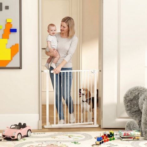 Barrière de sécurité bébé avec fermeture automatique, sans perçage, double verrouillage, 76 à 80 x 76 cm, blanche (1/5)