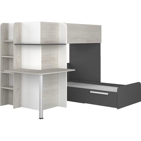 Vente-Unique – Lit superposé d'angle 90 x 190 cm – Avec bureau et rangement – Panneau de particule mélaminé – Éco-responsable fabriqué en Europe