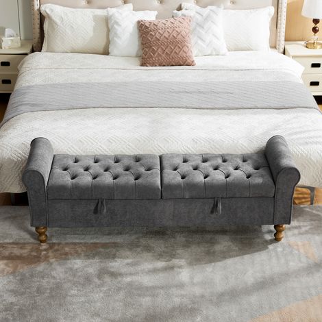 DESMIU Banc de rangement avec 2 couvercles, pour salon et chambre, en chenille, Charbon (1/5)