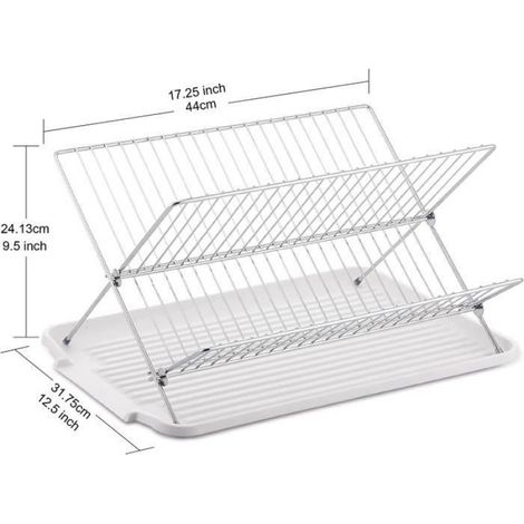 Égouttoir à Vaisselle, Supports à Couverts Pliable en Forme de X, Séchoir à Vaisselle à 2 Niveaux avec Plaque de Vidange - Blanc (1/4)