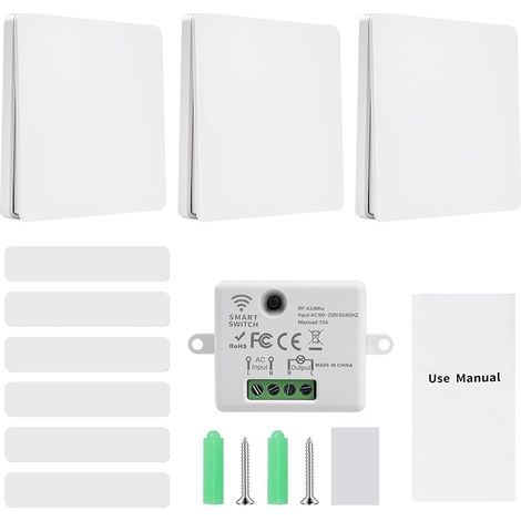Interrupteur va et vient sans fil 220V interrupteur radio sans pile Kit 2 interrupteurs 10A 1 récepteur + 3 panneaux de commande. (1/5)