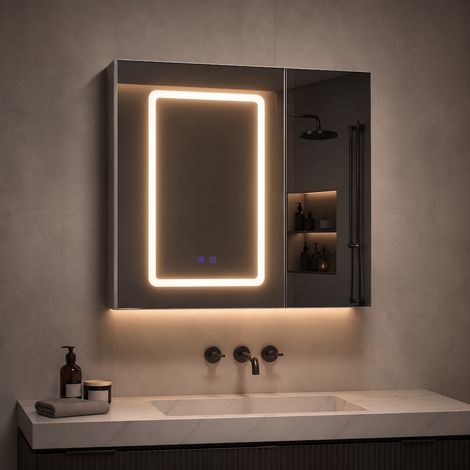 Armoire de toilette LED avec miroir, 70x60x13.5 cm, fonction anti-buée, 2 portes avec étagères réglables et double miroir, Blanc (1/5)