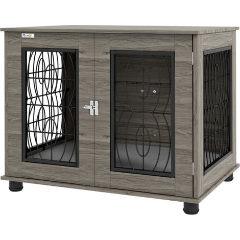Enclos et parc pour chien caisse métal-gris décor bois-coussin inclus-pour chien jusqu‘à 20kg-longueur 50cm-80x56x63cm (1/5)