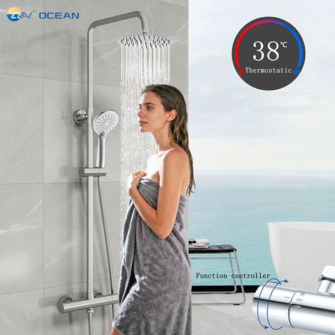 Kit doccia con soffione, doccetta e miscelatore termostatico rotondi, colonna doccia regolabile 75-125cm, cromo