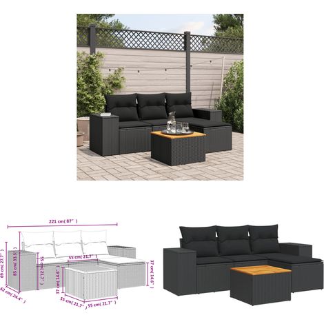 5-tlg. Garten-Sofagarnitur mit Kissen Schwarz Poly Rattan - Gartenmöbel Set - Outdoor Möbel - Rattan Gartenset - Lounge Set - Esstisch Set - Home & Living (1/3)
