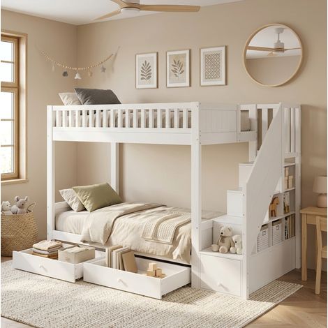 Letto a castello per bambini 90x200 cm bianco con scala contenitore e 2 cassetti DESVIAE (1/5)