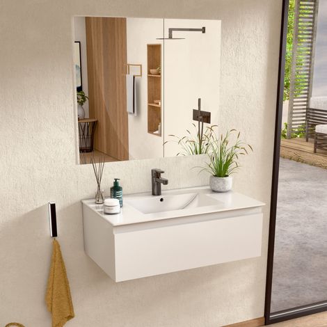 BELLOBATH- Meuble de salle de bain suspendu avec lavabo en céramique et miroir, Meuble Monté 1 tiroir, 100 x 27 x 45 cm, meuble blanc
