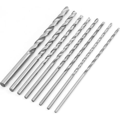 Set di 8 punte da trapano elicoidali extra lunghe a gambo dritto Jeffergarden in acciaio rapido, da 4 a 10 mm, per legno. (1/5)