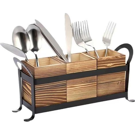 Organisateur de couverts de comptoir à 3 compartiments en bois, avec porte-ustensiles (1/5)