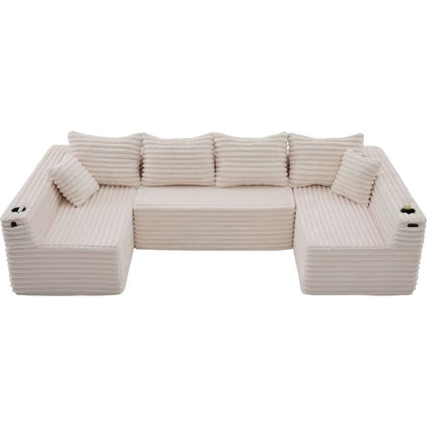 Modulares U-Form Sofa mit Getränkehaltern und Seitentaschen, Cord, Beige (1/5)