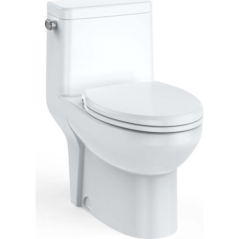 Toilette monobloc allongée professionnelle - Double chasse, hauteur ADA 16" - Céramique blanche, abattant V fermeture douce - Bouton latéral 4,8 L - Économique en eau, design moderne - Certifiée cUPC (1/5)