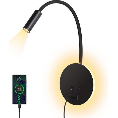 Aplique de pared LED, luz nocturna con cuello de cisne y puerto de carga USB (luz cálida de 3W + 9W) (negro)