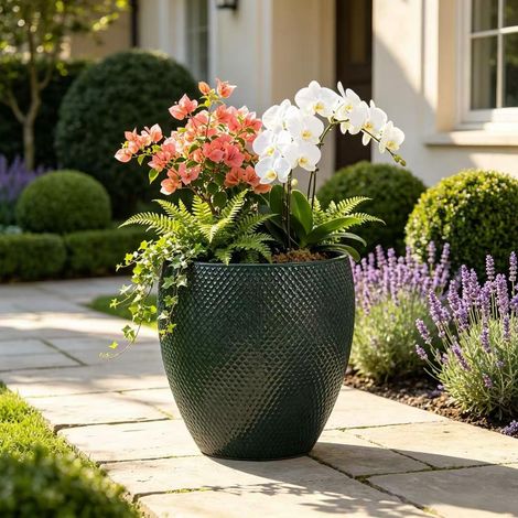 Vaso da giardino in ceramica Ø46 x 53 cm, verde scuro lucido con rilievo a rombi HAVRYA (1/5)