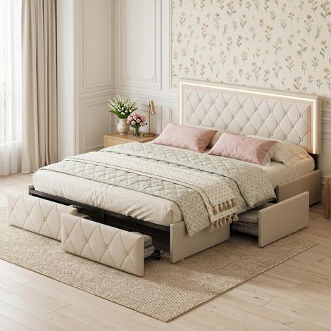 Lit avec tiroirs 160x200 cm, Lit double avec 4 Tiroirs - Tête de Lit avec LED - Sommier à Lattes, scandinave - Blanc cassé (1/5)