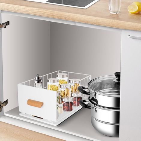 Tiroir télescopique, extensible, pour cuisine, panier, organiseur, tiroir, poignée en bois, plaque avant solide, pantry - (1/5)