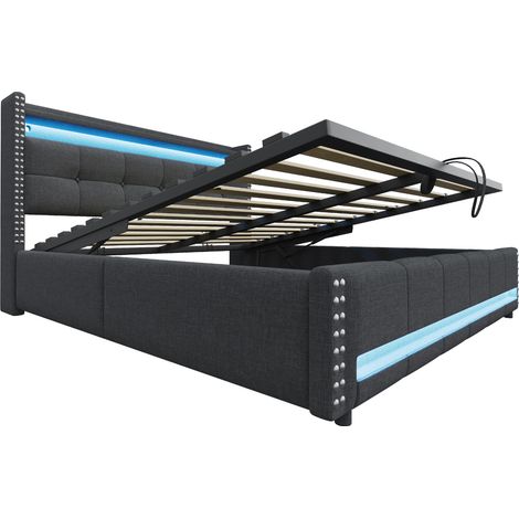 Lit coffre 160x200 lin, LED USB, hydraulique 300kg, grand rangement, avec matelas (1/5)