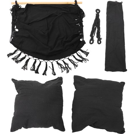 Fauteuil suspendu noir style scandinave avec franges, balancelle suspendue pour dortoirs, hamac à franges design nordique (1/5)