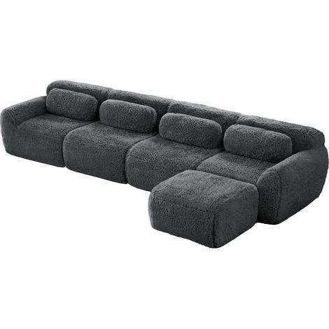 Divano angolare modulare 4 posti in tessuto effetto peluche grigio, senza montaggio, MODENUIT (1/5)