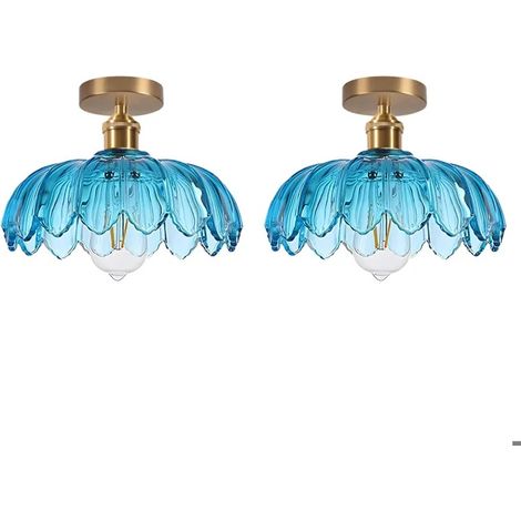 2x Plafonnier Moderne en Verre,Lampe de Plafond Vintage Abat-jour Design Fleurs Lustre Style Nordique pour Salon Chambre,Bleu (1/5)